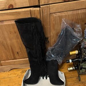 Black Fringe Knee-High Boots